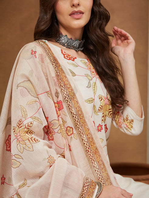 Janasya Women's Cream Cotton Blend Floral Printed Straight Kurta Set
